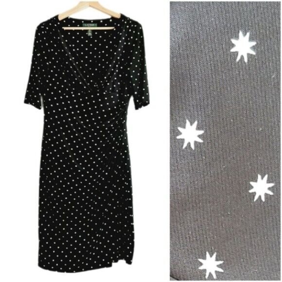 RALPH LAUREN Star Pattern Stretchy Dress B&W Sz 10 Flawed - Picture 1 of 12